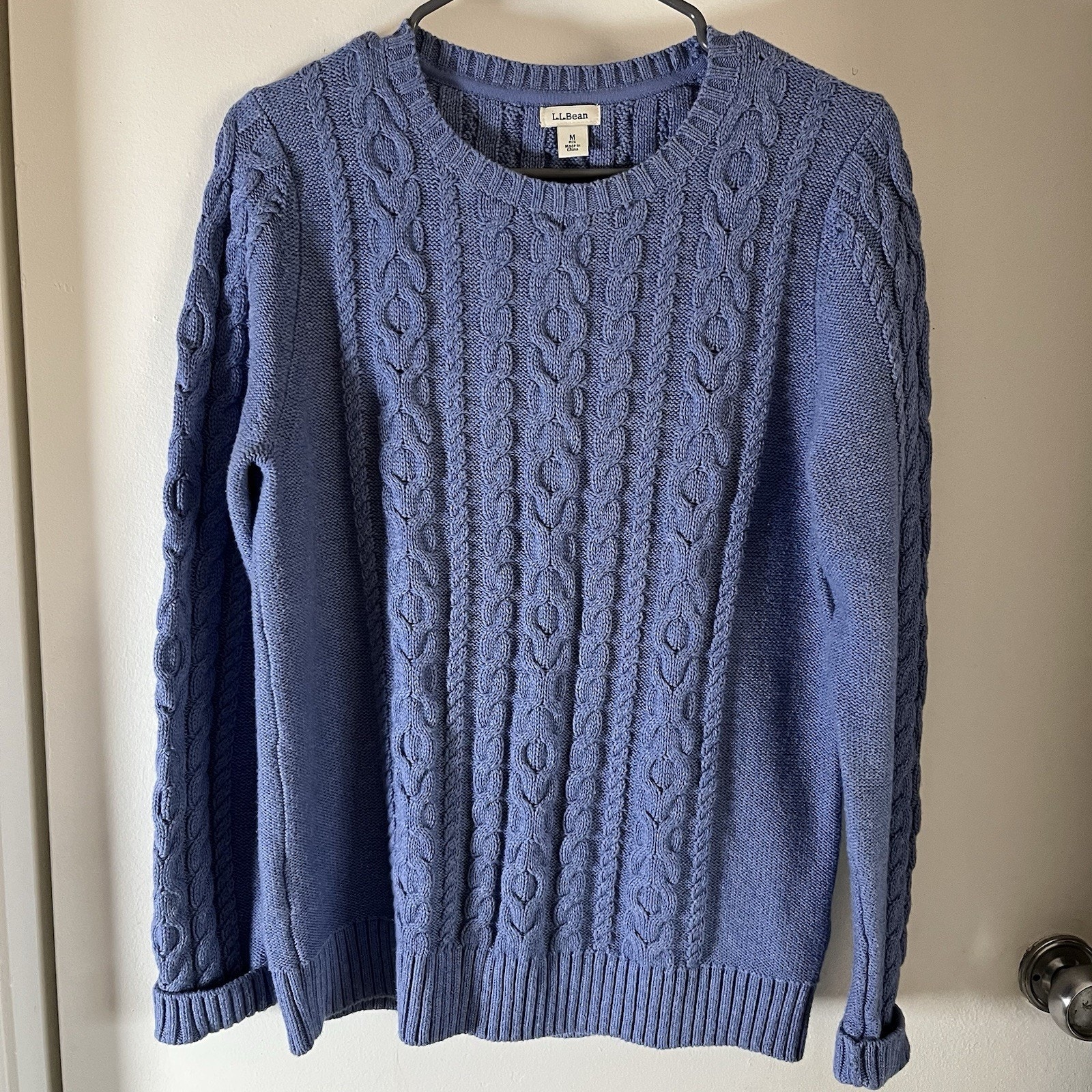 Ll Bean Cable Knit Blue Sweater Womens Medium Casual Preppy Chunky Cotton